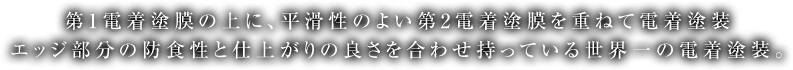 第1電着塗膜の上に、平滑性のよい第2電着塗膜を重ねて電着塗装 エッジ部分の防食性と仕上がりの良さを合わせ持っている世界一の電着塗装。
